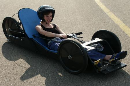 Fanny is onboard PAC-Car I which had been customized in a 3 steered wheels vehicle (July 2004)